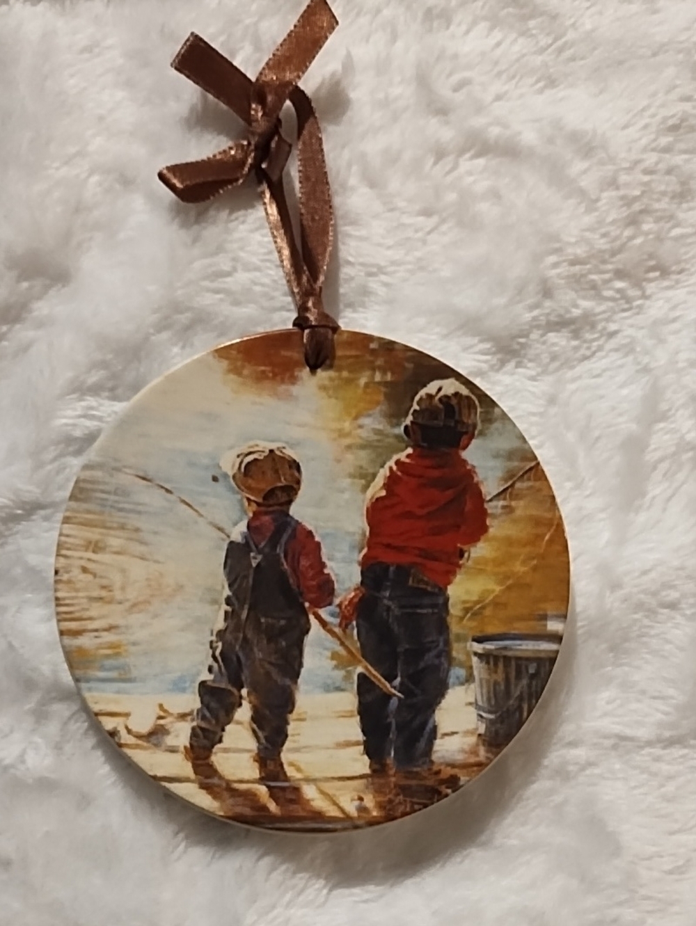 Demdaco Boys Fishing Round Ornament in Brown and Red